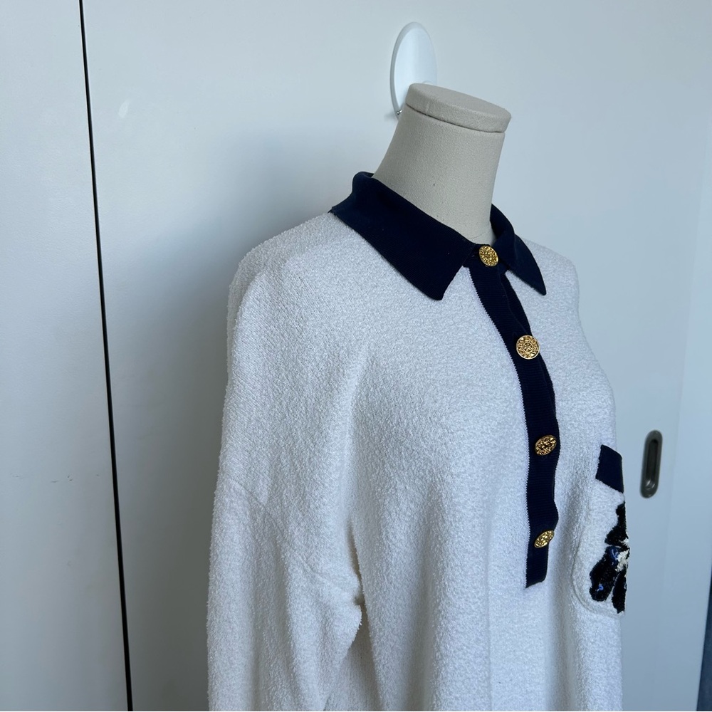 Vintage Escada White & Navy Terry Sequin Collar Button Up Long Sleeve Polo - Picture 12 of 16